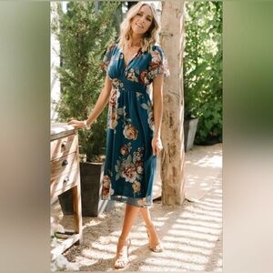 Baltic Born Sarah Smocked Floral Blue Midi Dress Women's Large NWT